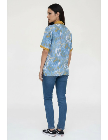 Women Shirt Sky Blue Body With Mustard Yellow Botanical Pattern