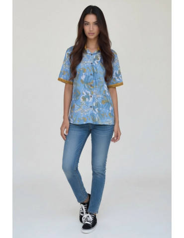 Women Shirt Sky Blue Body With Mustard Yellow Botanical Pattern