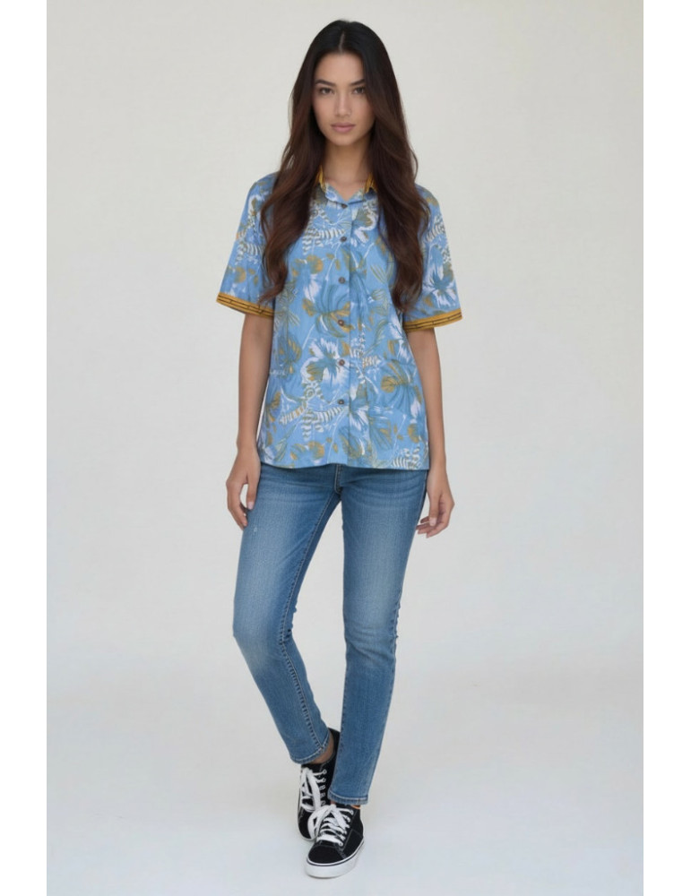 Women Shirt Sky Blue Body With Mustard Yellow Botanical Pattern