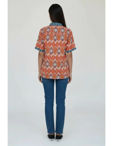 Women Ikkat Shirt Orange Body Block print Pattern 
