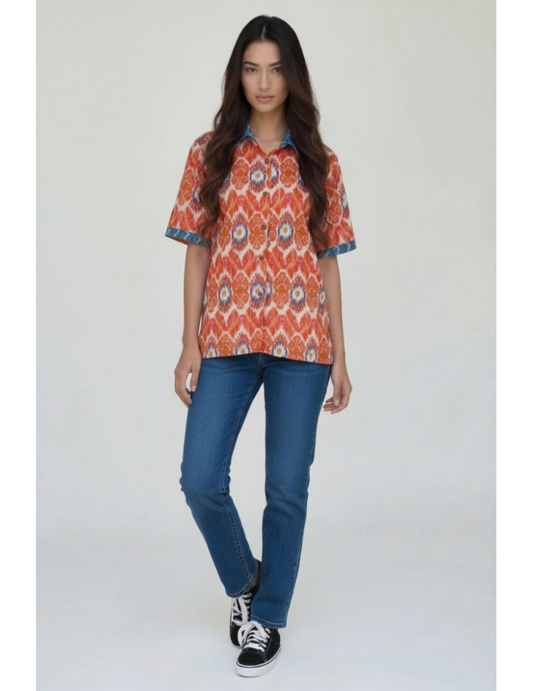 Women Ikkat Shirt Orange Body Block print Pattern 