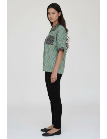 Women Shirt Sea-Green Body With Dark Out Line Block Print