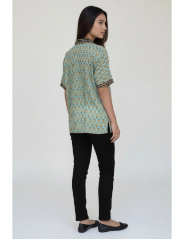 Women Shirt Sea-Green Body With Dark Out Line Block Print