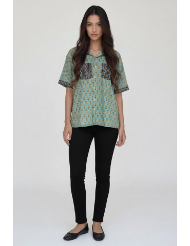 Women Shirt Sea-Green Body With Dark Out Line Block Print