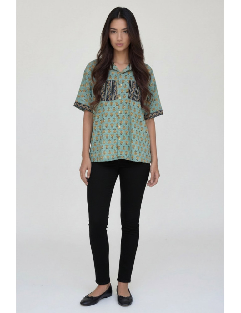 Women Shirt Sea-Green Body With Dark Out Line Block Print