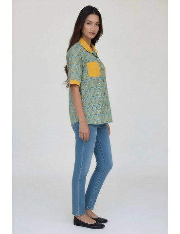 Women Handblock Shirt Sea-Green With Mustard Yellow