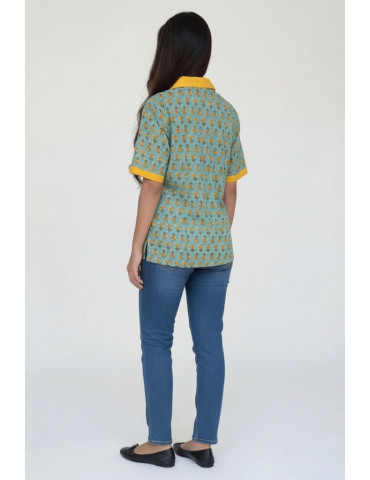 Women Handblock Shirt Sea-Green With Mustard Yellow