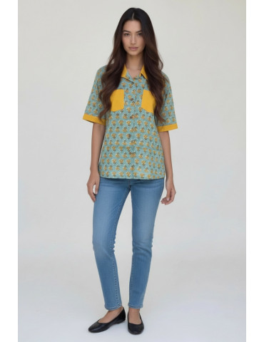 Women Handblock Shirt Sea-Green With Mustard Yellow