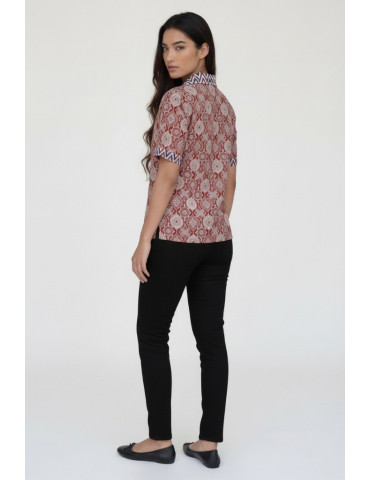 Women Handblock Shirt Maroon Body With Off-White And Grey Geometric Pattern