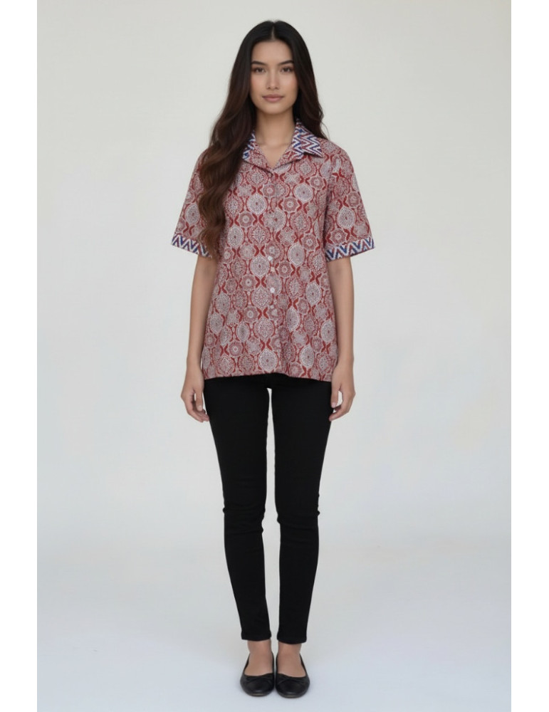 Women Handblock Shirt Maroon Body With Off-White And Grey Geometric Pattern