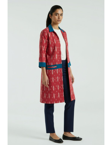 YAMINI Ikat Red Ikat Handloom Long Waistcoat/Jacket