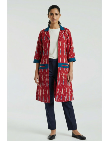 YAMINI Ikat Red Ikat Handloom Long Waistcoat/Jacket