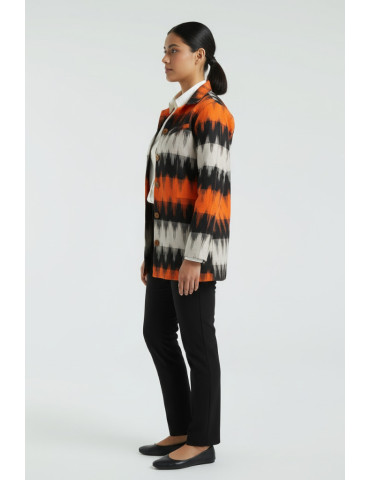 Yamini Ikat Orange Black Full Sleeve Handloom Waistcoat/Jacket