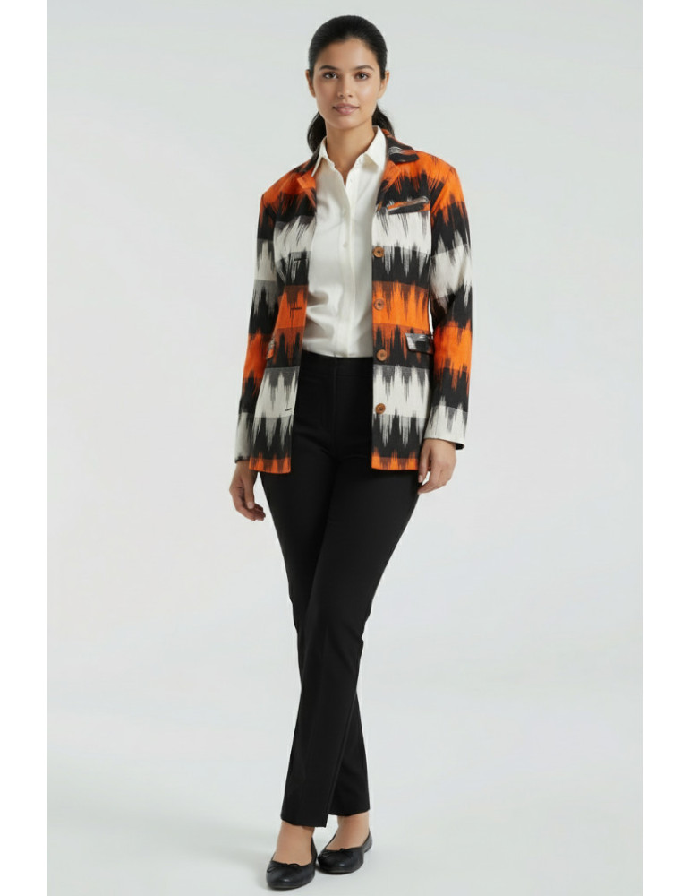 Yamini Ikat Orange Black Full Sleeve Handloom Waistcoat/Jacket