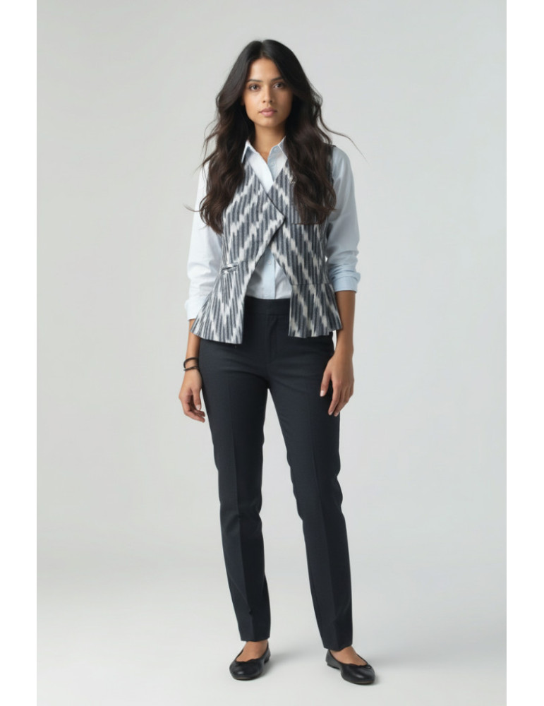 Yamini Ikat Grey Designer Handloom Waistcoat/Jacket