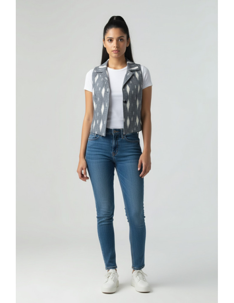 YAMINI Ikat Designer Short Grey Waistcoat/Jacket