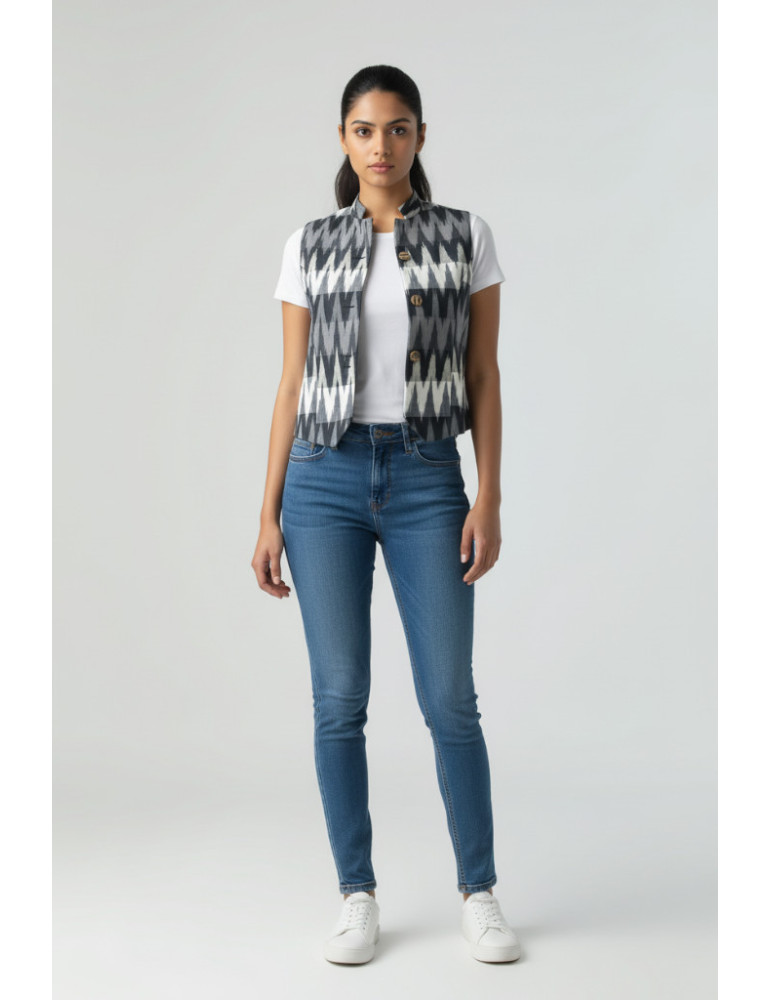 YAMINI Ikat Designer Black Grey White Handloom Waistcoat/Jacket