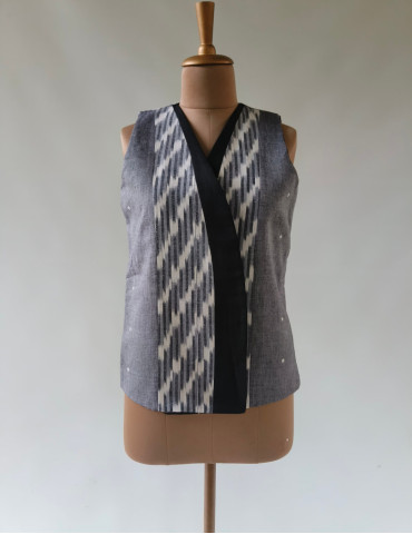 Yamini Ikat Grey Black Designer Handloom Waistcoat/Jacket