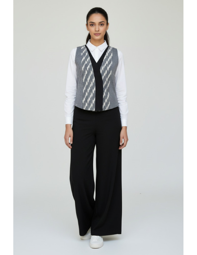 Yamini Ikat Grey Black Designer Handloom Waistcoat/Jacket