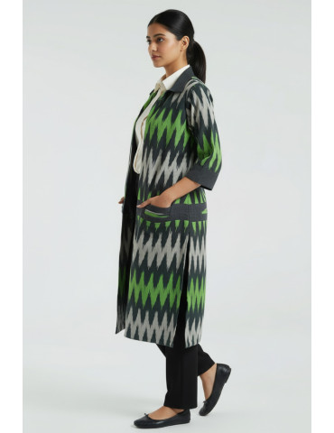 YAMINI Ikat Green Black Geometric Pattern  Handloom Waistcoat/Jacket