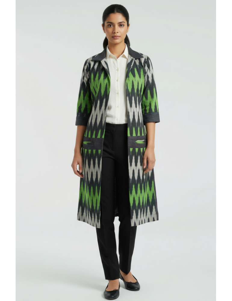 YAMINI Ikat Green Black Geometric Pattern  Handloom Waistcoat/Jacket