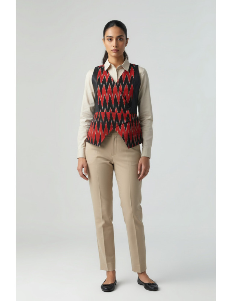 Yamini Ikat Black and Rust Handloom Waistcoat/Jacket