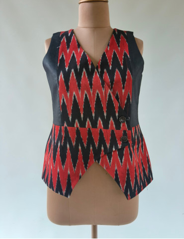 Yamini Ikat Black and Rust Handloom Waistcoat/Jacket