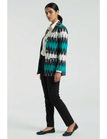 Yamini Ikat Teal Black Handloom Waistcoat/Jacket