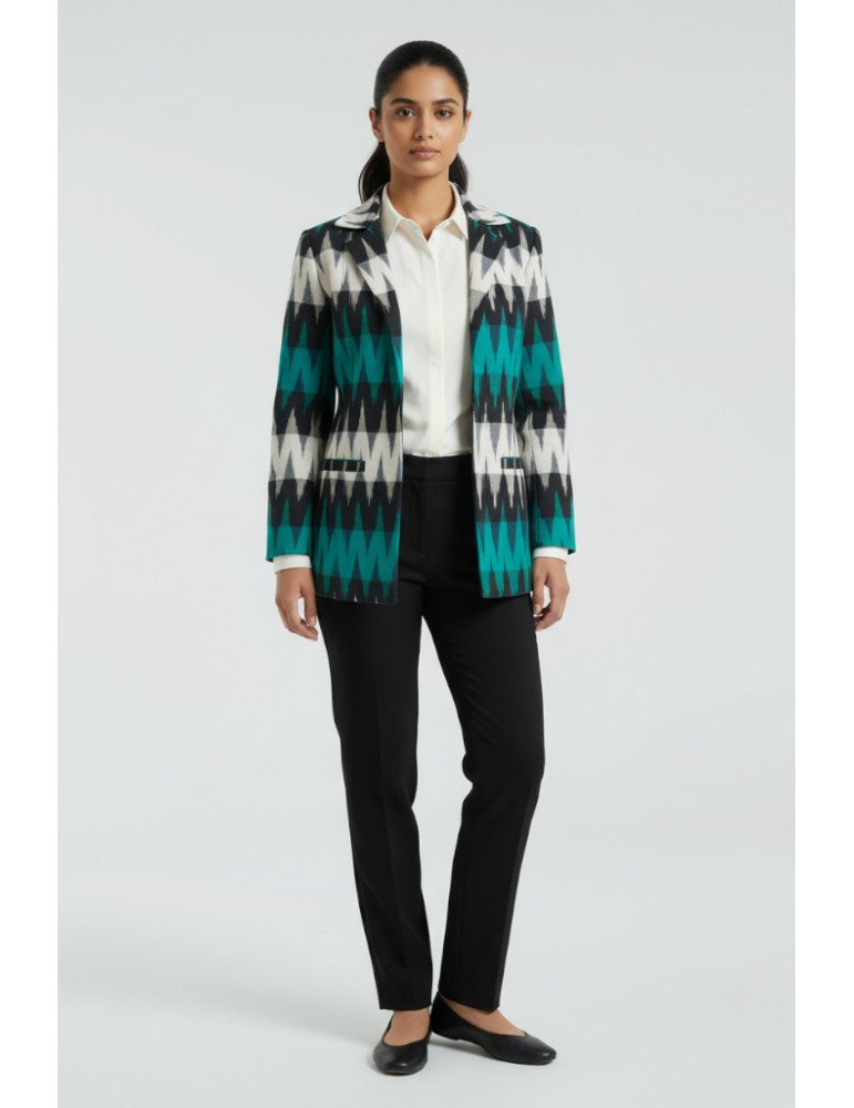 Yamini Ikat Teal Black Handloom Waistcoat/Jacket