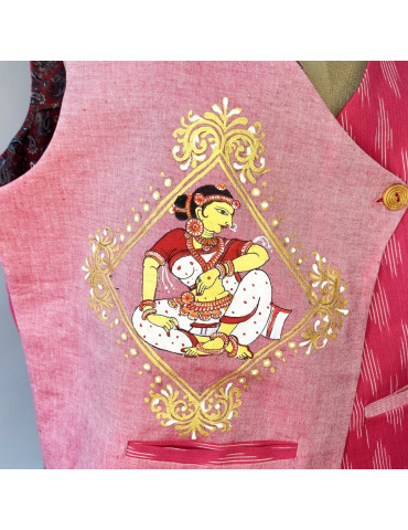 Yamini Ikat Handloom Pattachitra White Figurine Hand Painted Waistcoat/Jacket 