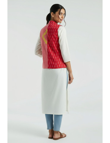 Yamini Ikat Handloom Pattachitra White Figurine Hand Painted Waistcoat/Jacket 