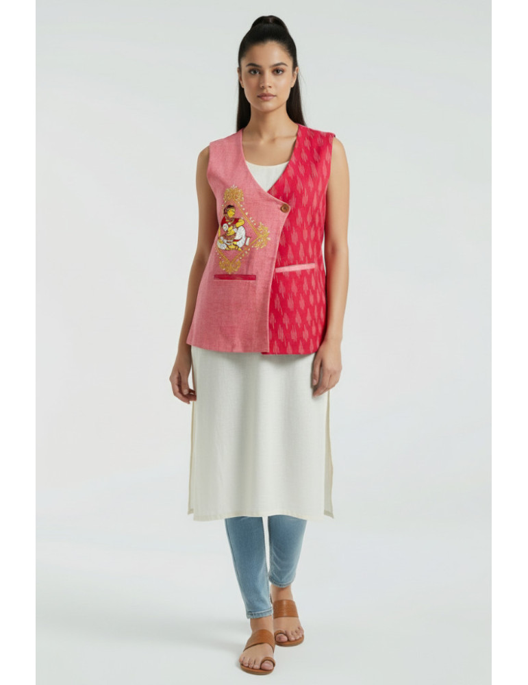 Yamini Ikat Handloom Pattachitra White Figurine Hand Painted Waistcoat/Jacket 