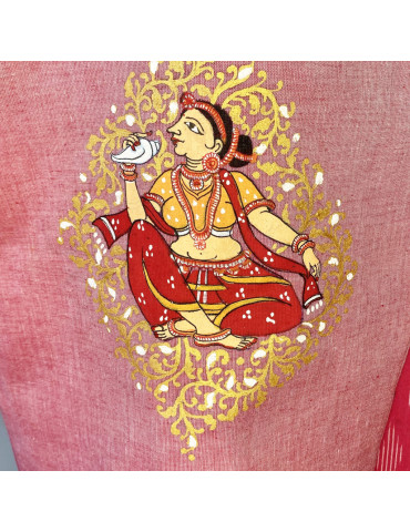 Yamini Ikat Handloom Pattachitra Figurine Playing Conch Hand Painted Waistcoat/Jacket  