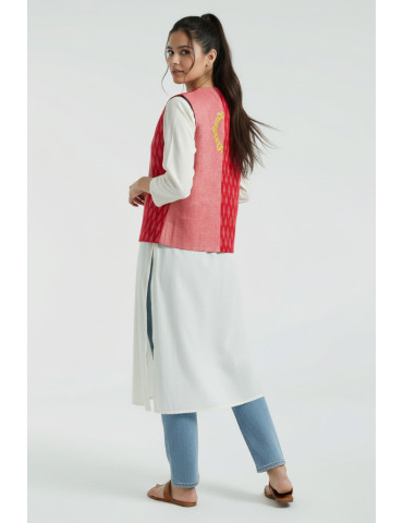 Yamini Ikat Handloom Pattachitra Figurine Playing Conch Hand Painted Waistcoat/Jacket  