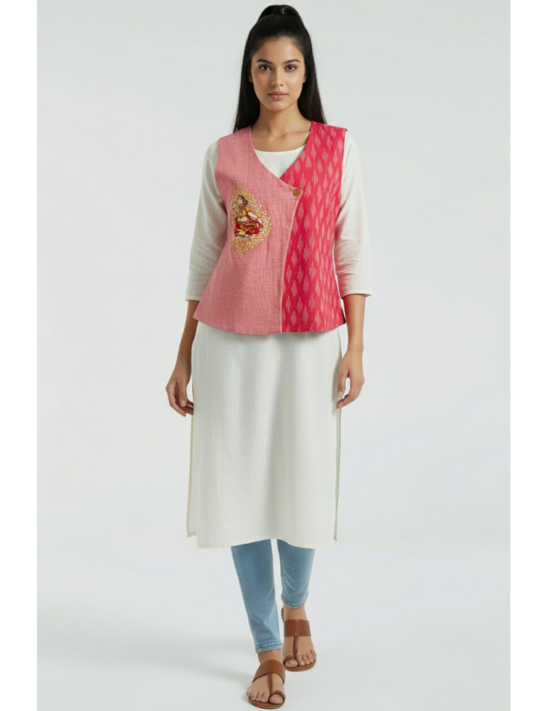 Yamini Ikat Handloom Pattachitra Figurine Playing Conch Hand Painted Waistcoat/Jacket Yamini Ikat Handloom Pattachitra Figurine Playing Conch Hand Painted Waistcoat/Jacket