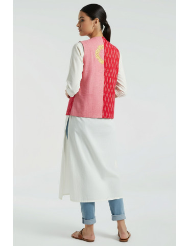 Yamini Pink Ikat Handloom Pattachitra Dancing Lady Hand Painted Waistcoat/Jacket 