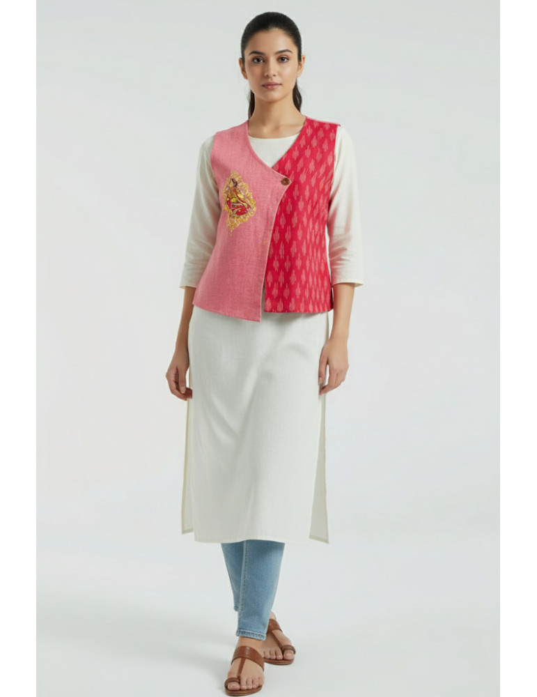 Yamini Pink Ikat Handloom Pattachitra Dancing Lady Hand Painted Waistcoat/Jacket 