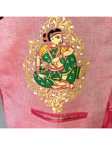 Yamini Pink Ikat Handloom Pattachitra Hand Painted Lady doing makeup using Mirror Waistcoat/Jacket 