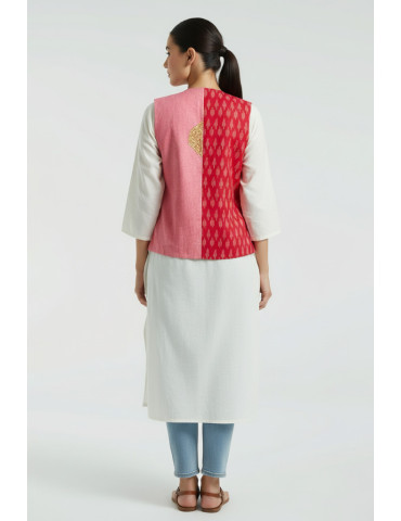 Yamini Pink Ikat Handloom Pattachitra Hand Painted Lady doing makeup using Mirror Waistcoat/Jacket 