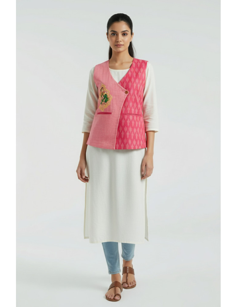 Yamini Pink Ikat Handloom Pattachitra Hand Painted Lady doing makeup using Mirror Waistcoat/Jacket 