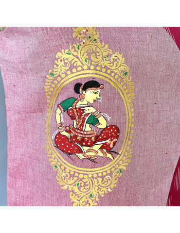 Yamini Pink Ikat Handloom Pattachitra Dancing Lady Hand Painted Waistcoat/Jacket