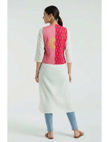 Yamini Pink Ikat Handloom Pattachitra Dancing Lady Hand Painted Waistcoat/Jacket