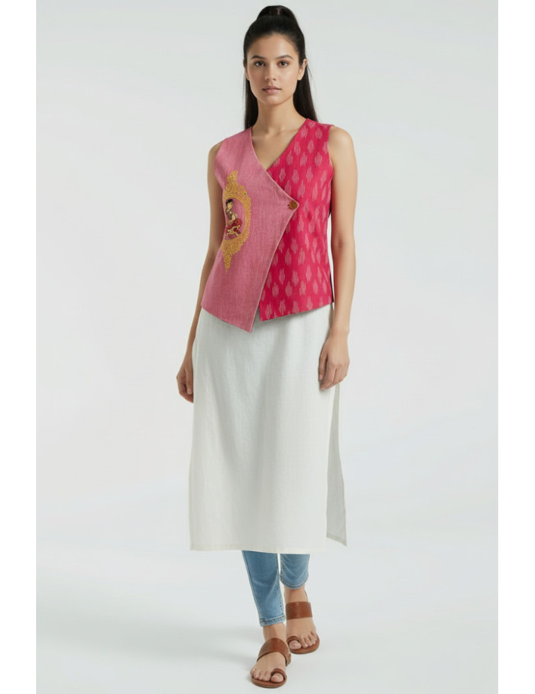 Yamini Pink Ikat Handloom Pattachitra Dancing Lady Hand Painted Waistcoat/Jacket