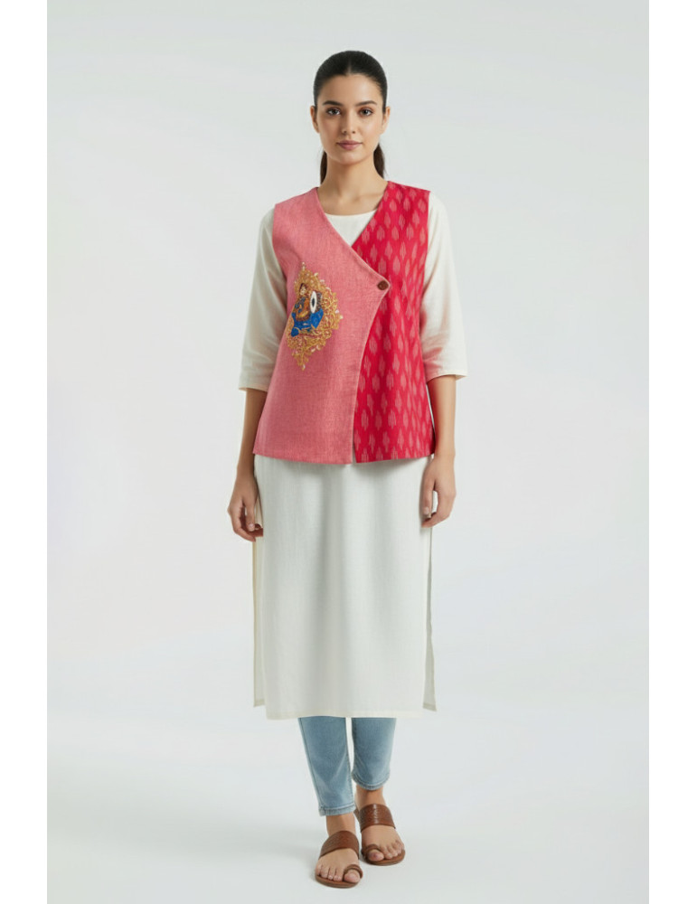 Yamini Pink Ikat Handloom Hand Painted Pattachitra Waistcoat/Jacket