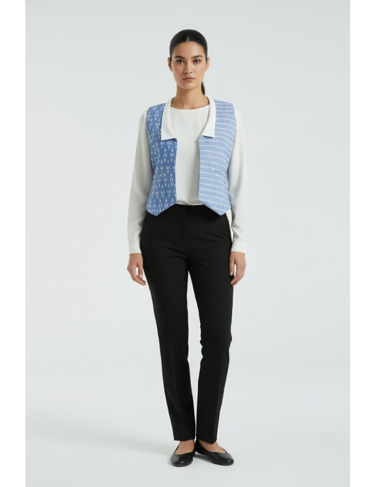 Yamini Ikat Handloom Denim  Blue Waistcoat/Jacket 