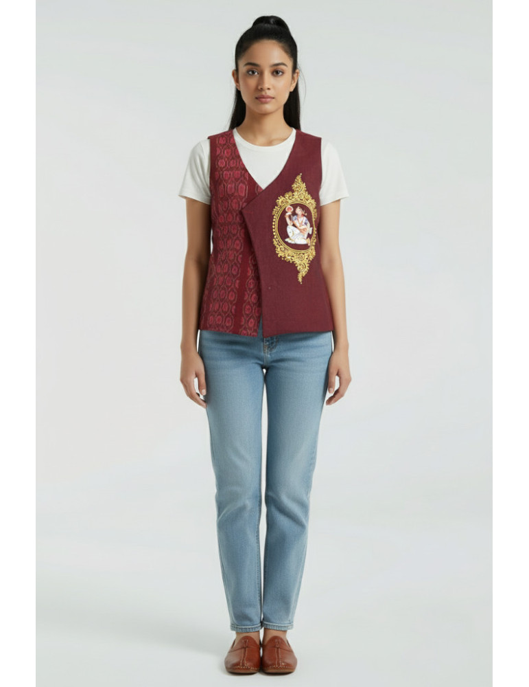 YAMINI Sambalpuri Handloom Maroon Waistcoat/Jacket
