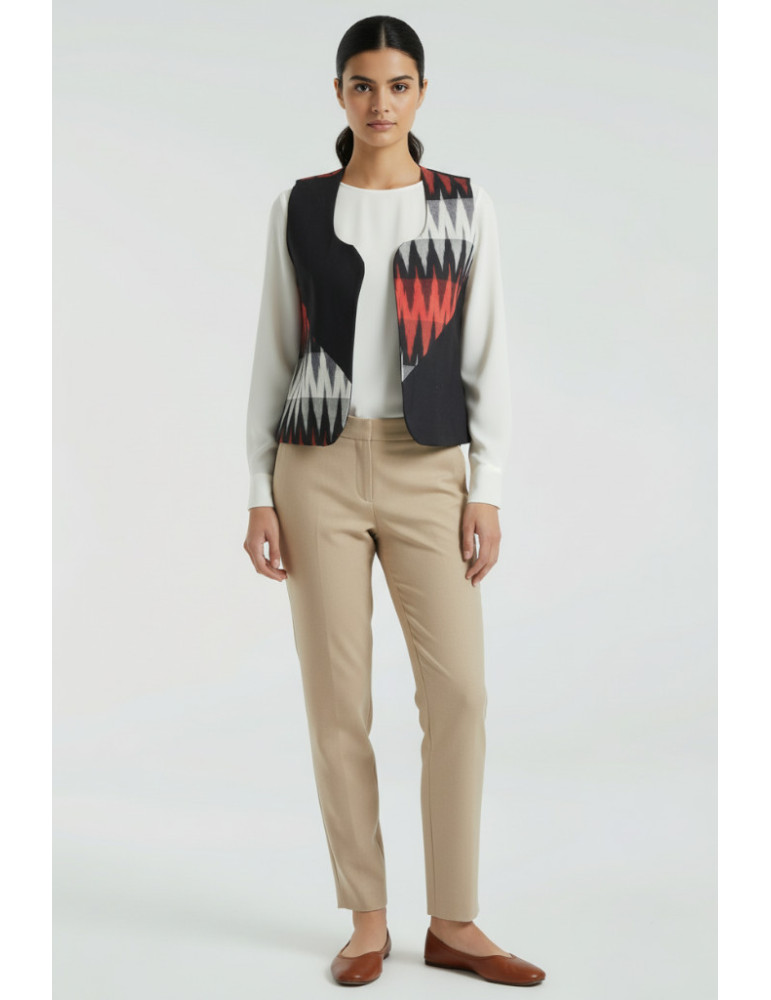 Yamini Ikat Handloom Black Red Short Waistcoat/Jacket