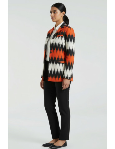 YAMINI Ikat Red Black Full Sleeve Handloom Waistcoat/Jacket 