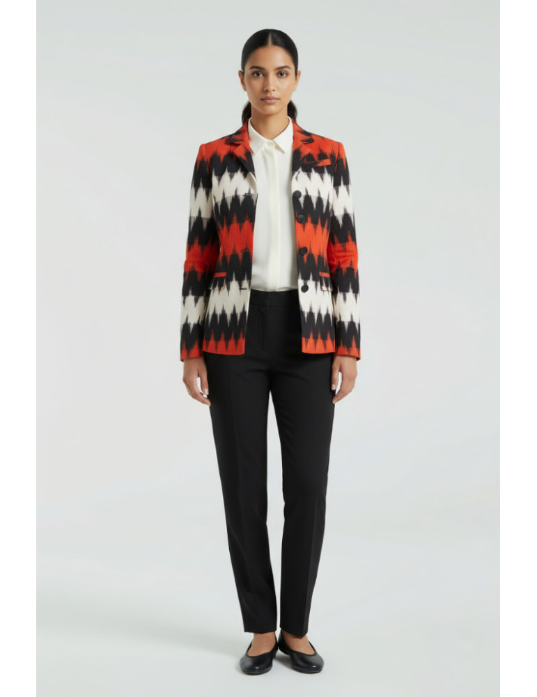 YAMINI Ikat Red Black Full Sleeve Handloom Waistcoat/Jacket 