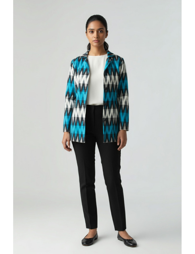 Yamini Blue Ikat Cotton Handloom Waistcoat/Jacket